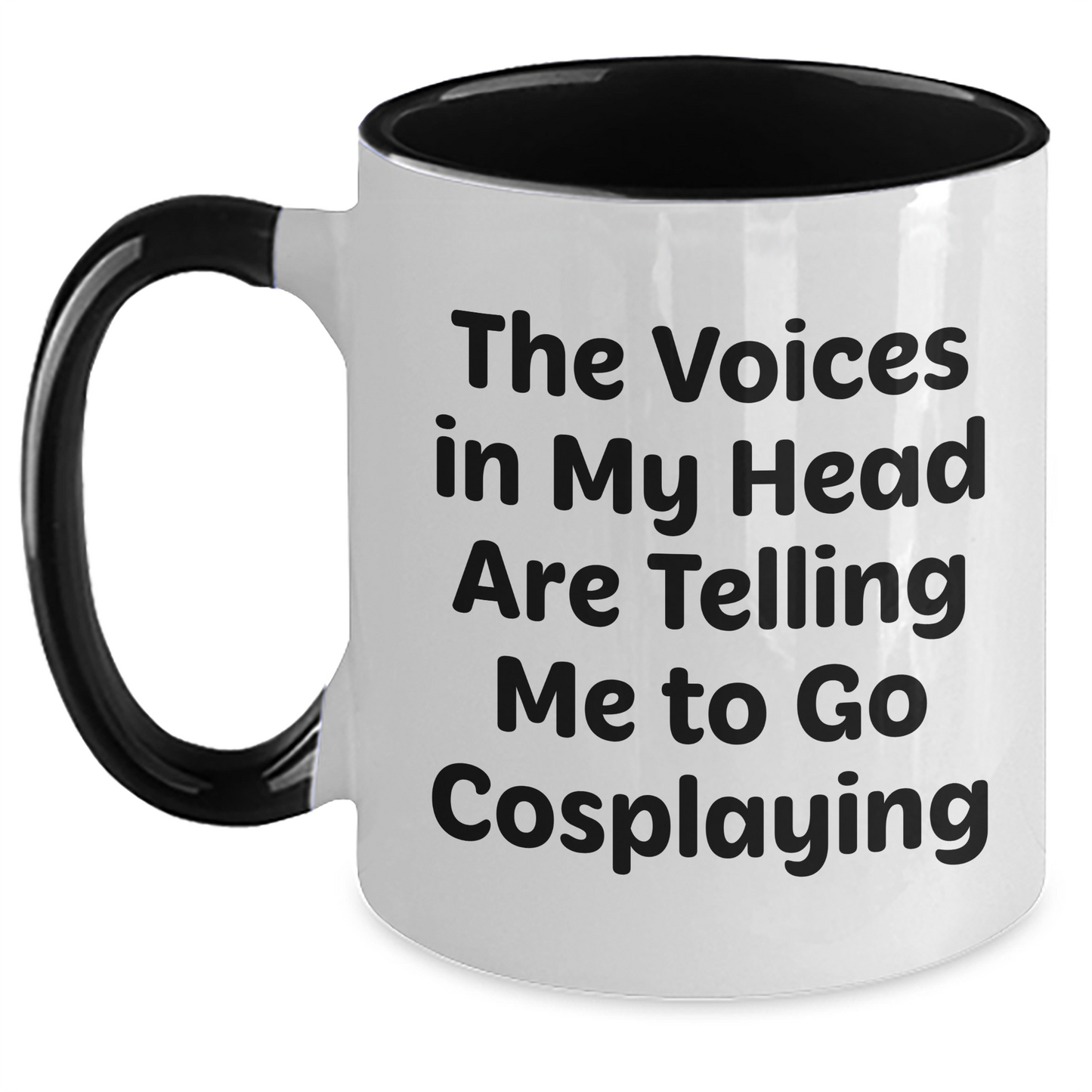 Funny Cosplaying Gifts for Men from Friends - Two Tone Coffee Mug with Quote 'The Voices In My Head Are Telling Me To Go Cosplaying' - Unique Graduation Gifts for Cosplayers - Main
