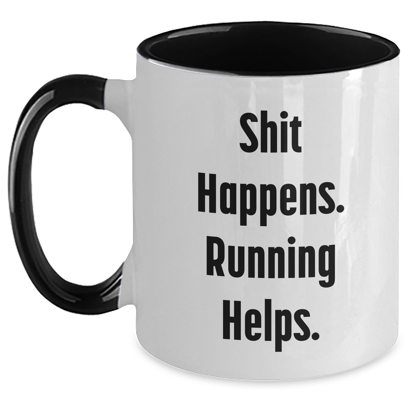 Funny Running Gifts for Running Enthusiasts, 'Shit Happens. Running Helps.' Two Tone Coffee Mug from Friends - Unique Graduation Presents for Men and Women - Main