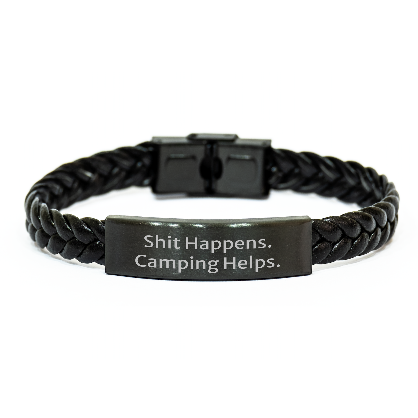 Camping Humor Gifts for Men from Friends - Interlaced Leather Bracelet, 'Shit Happens. Camping Helps.' Quote, 7.87 inches, Graduation Unique Gifts - Image 1