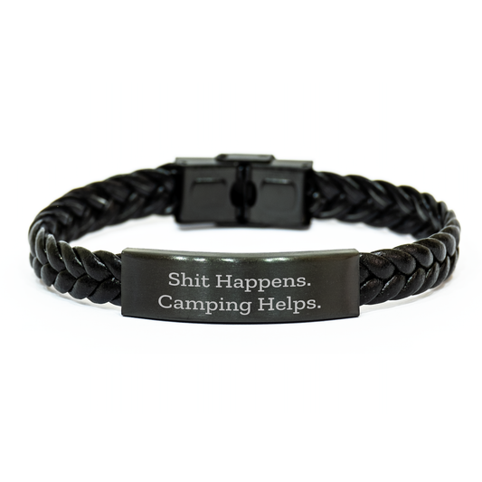Camping Humor Interlaced Leather Bracelet Gifts for Men, Women, Friends, Coworkers, Family - 'Shit Happens. Camping Helps.' - Image 1