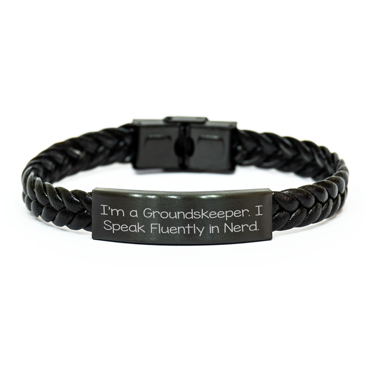 groundskeeper Gifts for Men - Funny Interlaced Leather Bracelet, Gifts from Friends, Unique Graduation, I'm A groundskeeper. I Speak Fluently In genius. - Image 1