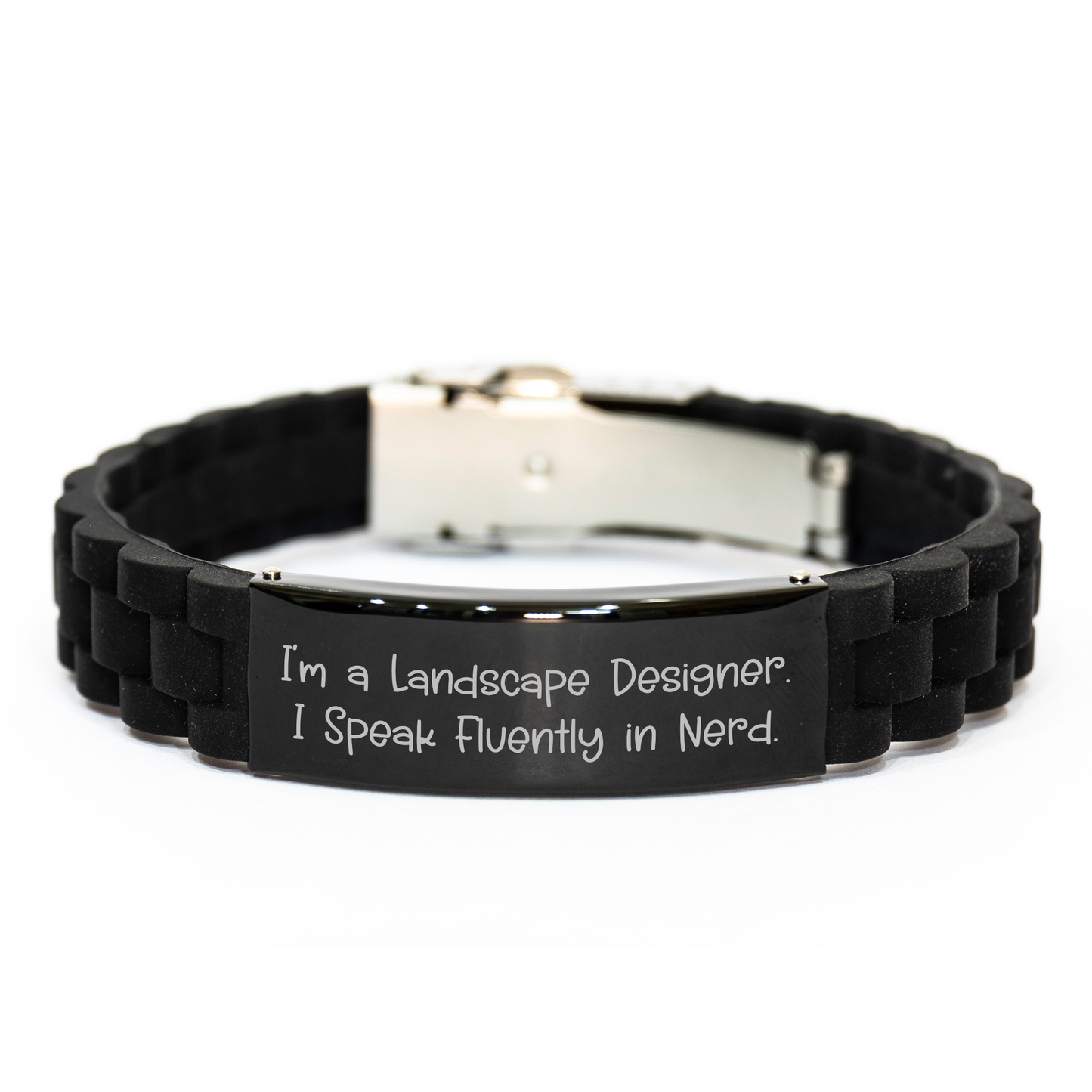 Landscape Designer Gifts from Friends, Inspirational Quote Glide lock Clasp Adjustable Black Stainless Steel Men's Graduation Unique Gifts for Him, Funny 'I Speak Fluently In genius' Silicone Jewelry - Image 1