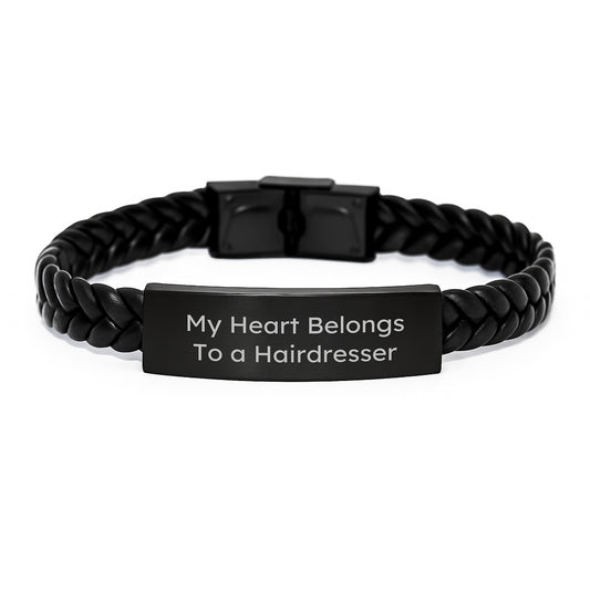 Funny Hairdresser Gifts from Friends, My Heart Belongs To A Hairdresser Interlaced Leather Birthday Unique Gifts for Hairdresser - Image 1