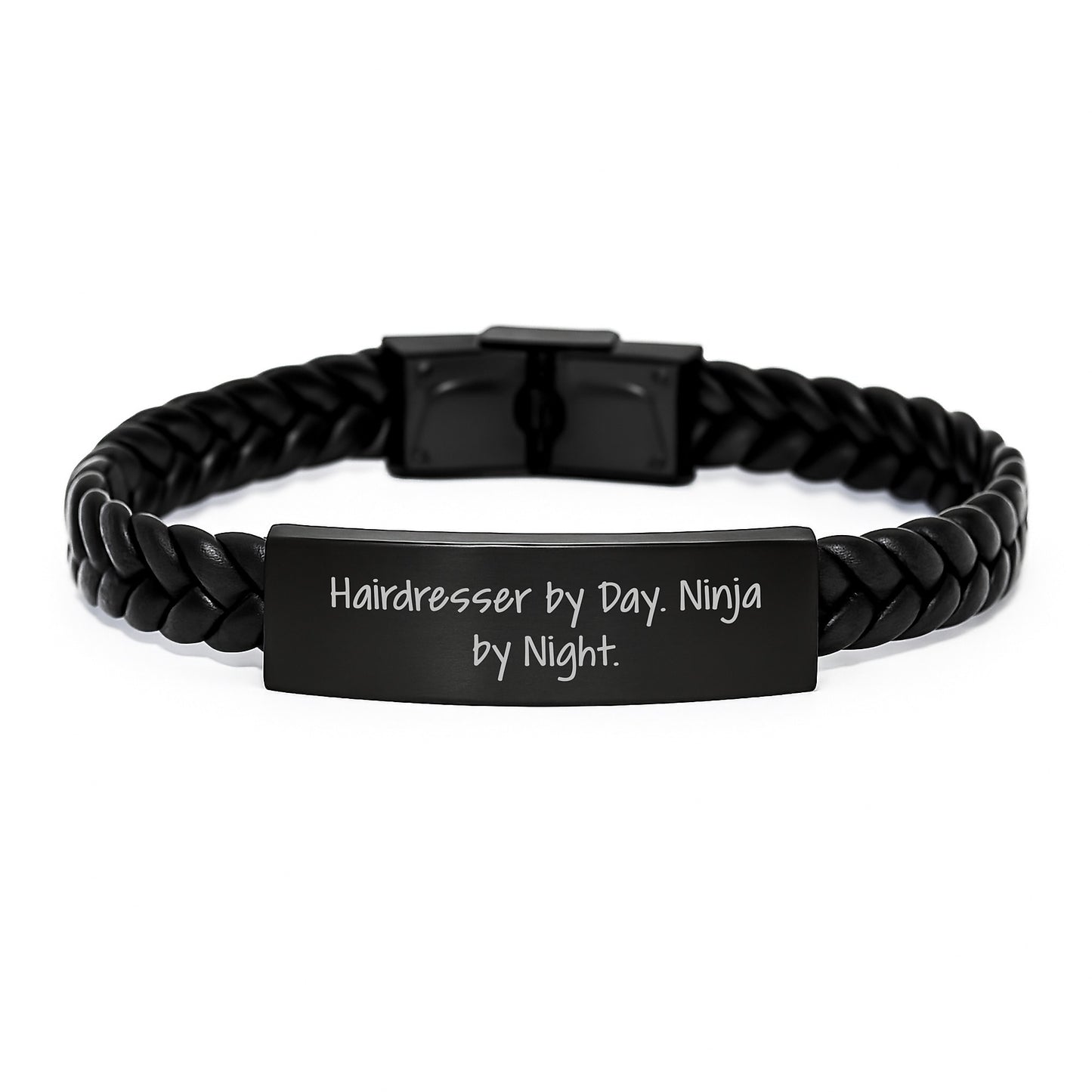 Hairdresser's Gift: Interlaced Leather Bracelet for Birthday - 'Hairdresser By Day. Ninja By Night.' - Image 1