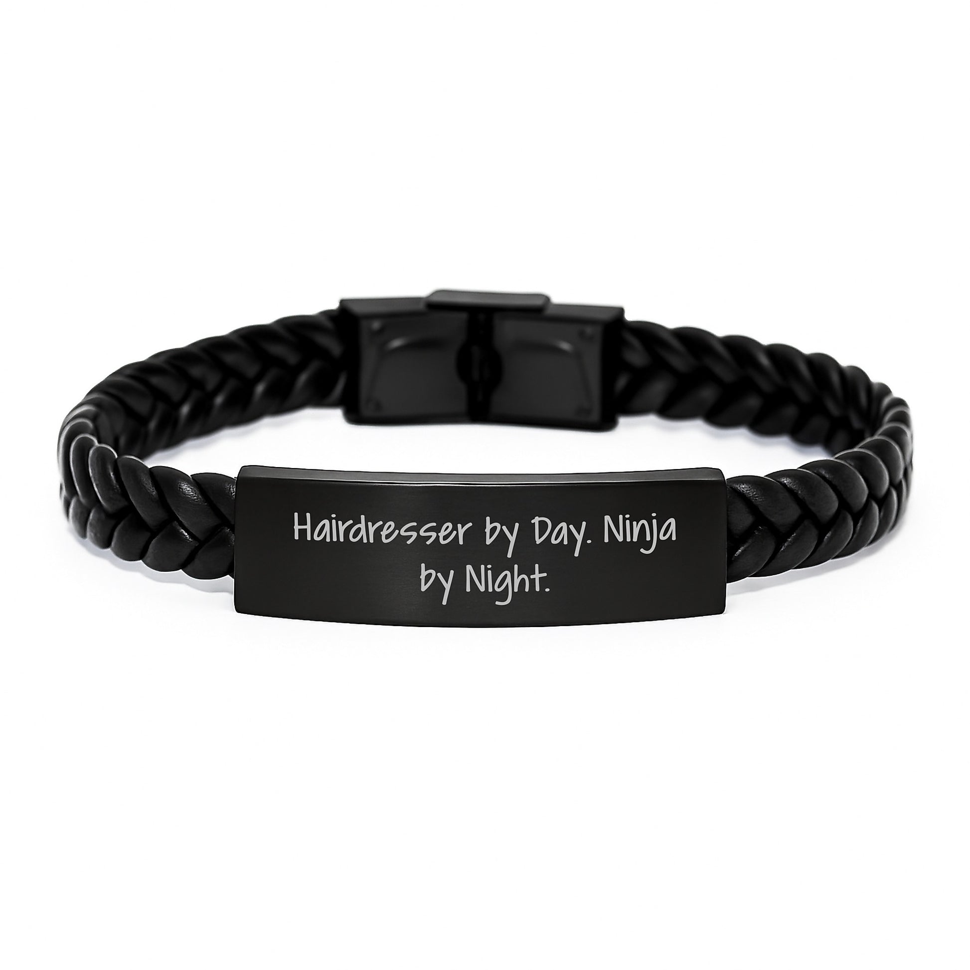 Hairdresser's Gift: Interlaced Leather Bracelet for Birthday - 'Hairdresser By Day. Ninja By Night.' - Image 1