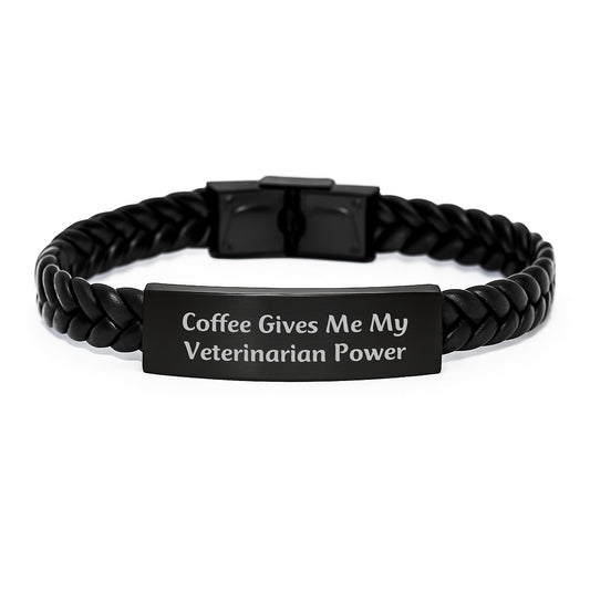 'Coffee Gives Me My Veterinarian Power', Funny Veterinarian Gifts for Men, Women, Coworkers, Family - Unique Birthday Interlaced Leather Bracelet from Friends Gifts for Veterinarian - Image 1