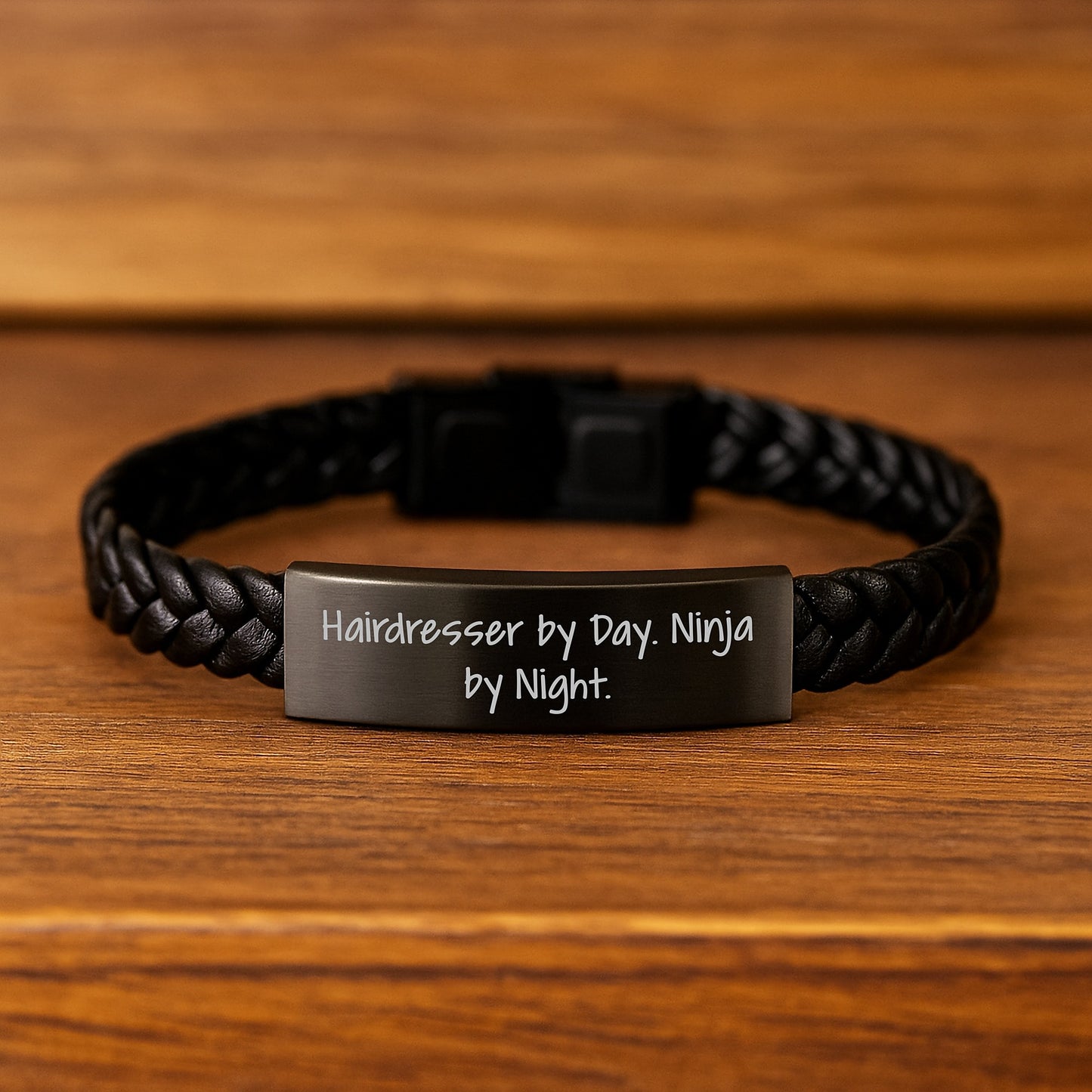 Hairdresser's Gift: Interlaced Leather Bracelet for Birthday - 'Hairdresser By Day. Ninja By Night.' - Image 2
