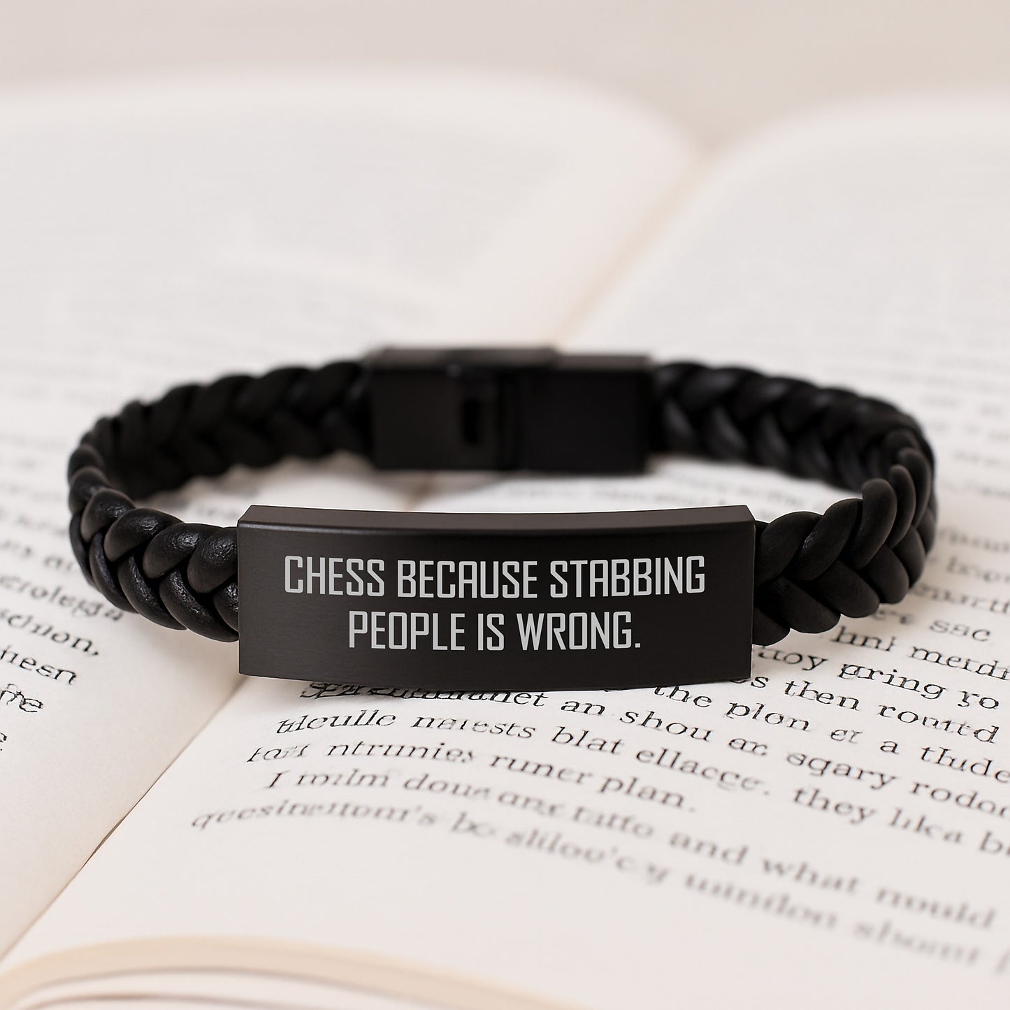 Funny Chess Gifts for Friends and Family, Interlaced Leather Bracelet with Stainless Steel, Quote 'Chess Because Stabbing People Is Wrong.' Christmas Unique Presents - Image 3