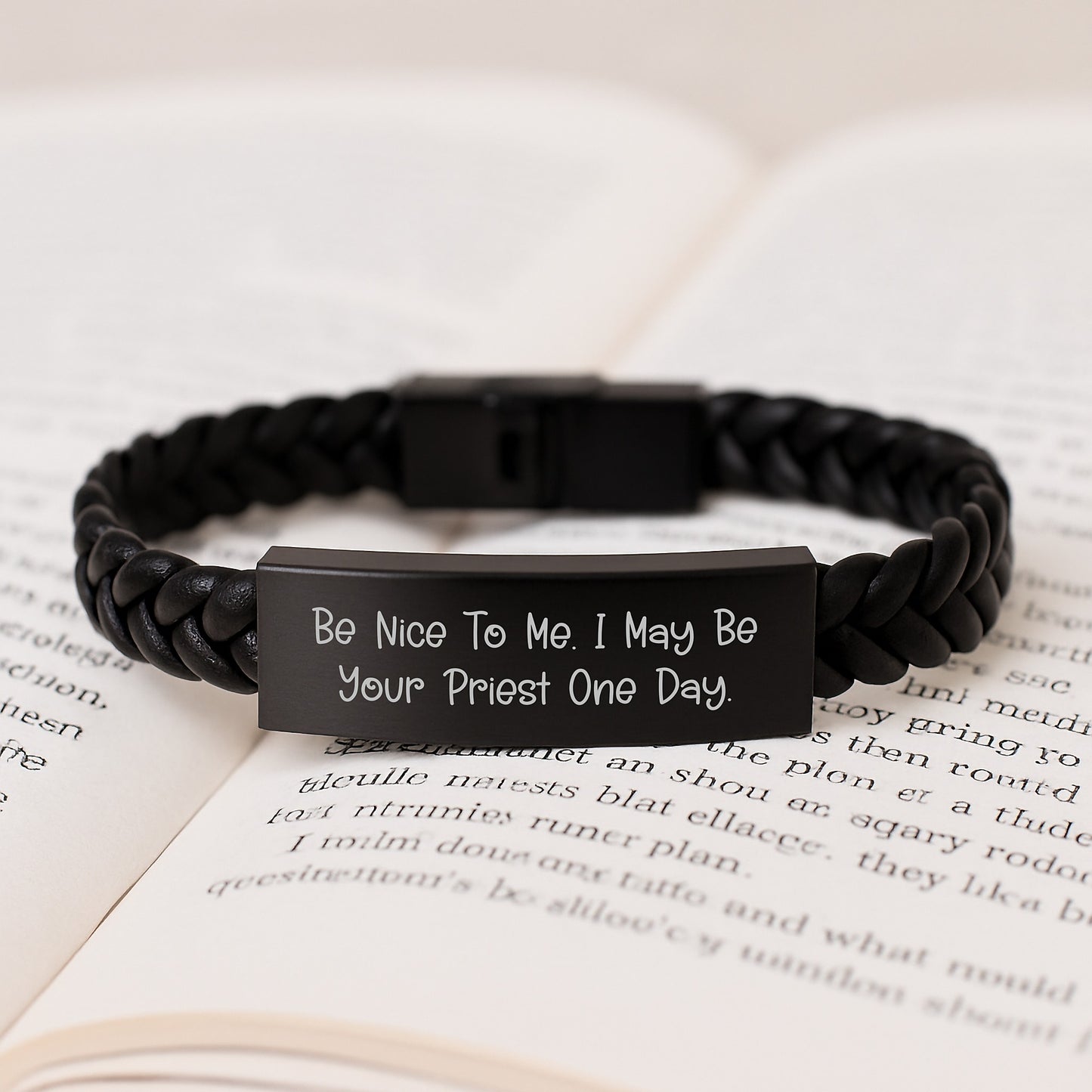 Funny Priest Gifts for Men, Christmas Unique Priest Bracelet Interlaced Leather with Stainless Steel, 'Be Nice To Me. I May Be Your Priest One Day.' Quote - Image 3