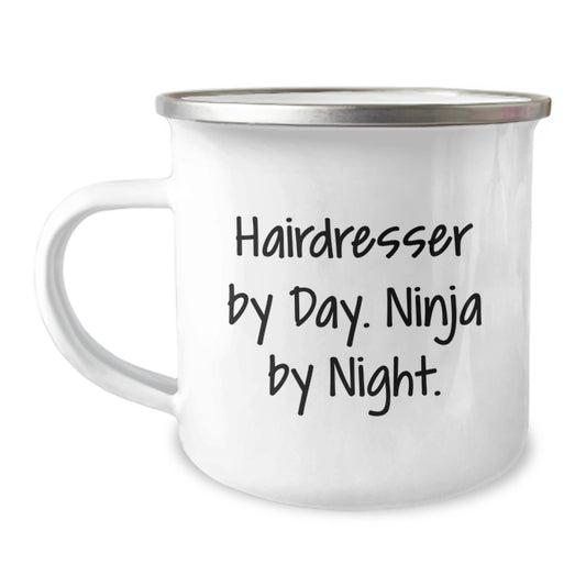 Hairdresser's Ninja Brew, Funny Camping Mug Gifts from Friends for Birthday, 12 oz Stainless Steel with Enamel Finish - Image 1