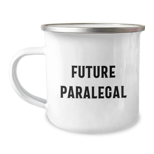 Funny Future Paralegal Gifts from Men to Coworkers - 'The Future is Bright' Quote on Camping Mug, 12 oz Stainless Steel Enamel Finish, Perfect for Graduation - Image 1