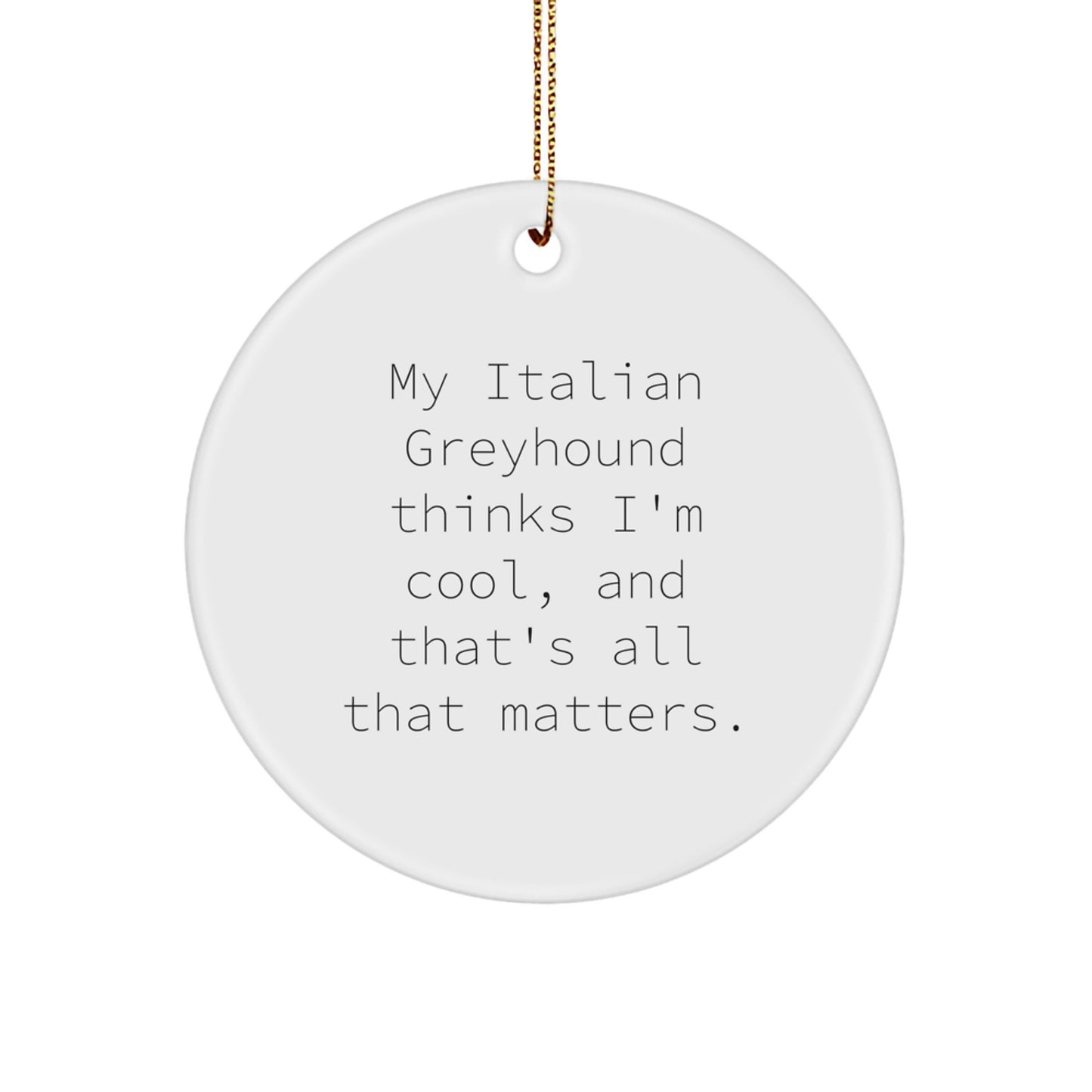 Italian Greyhound Dog Lover Gifts from Friends for Christmas - 'My Italian Greyhound Thinks I'm Cool, And That's All That Matters' Circle Ornament - Image 1