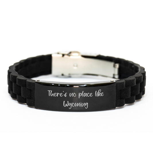 Wyoming Gifts from Friends - Glide lock Clasp Birthday Quote 'There's No Place Like Wyoming' - Adjustable Silver Black Stainless Steel Silicone Bracelet - Image 1