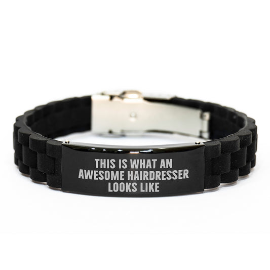 Hairdresser Gifts from Friends - Inspirational Quote Glide lock Clasp Bracelet for Hairdresser's Graduation - Adjustable Silicone, Silver, Black Stainless Steel - Image 1