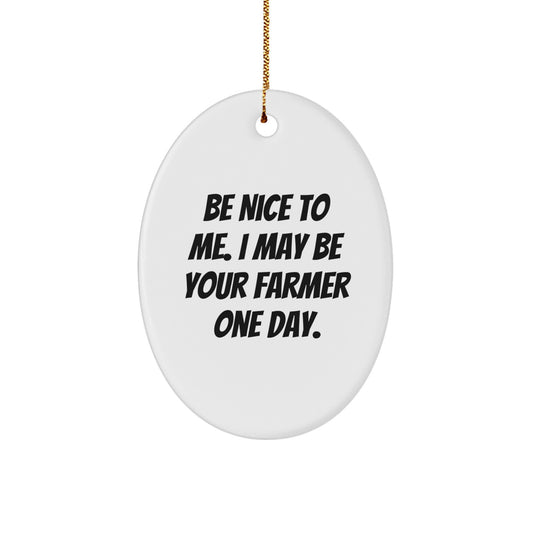 Farmer Gifts from Friends - Be Nice To Me, I May Be Your Farmer One Day Oval Ornament for Christmas - Image 1