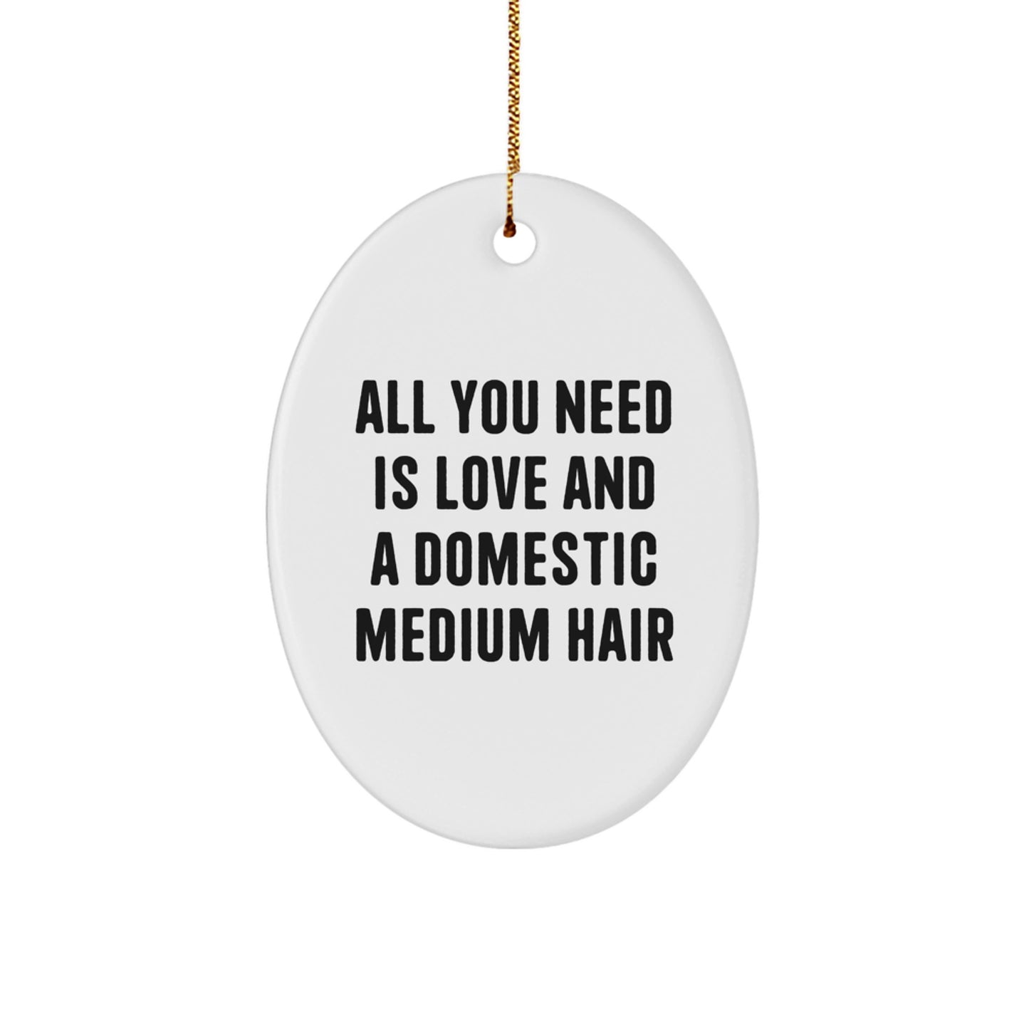 Domestic Medium Hair Cat Lover Gifts, Christmas Unique Ornaments - 'All You Need Is Love And A Domestic Medium Hair' Funny Oval Decoration for Cat Enthusiasts, Gifts from Friends to Family - Image 1