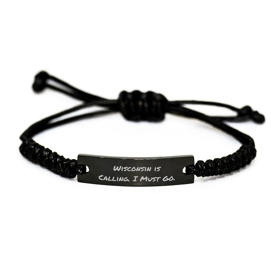 Wisconsin Rope Bracelet Gifts from Friends for Wisconsin Graduates - 'Wisconsin Is Calling. I Must Go.' Quote on Adjustable Black Rope - Image 1