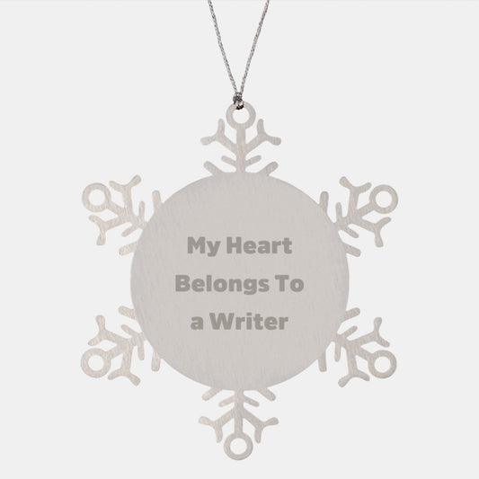 Writer's Heart Belongs To Snowflake Ornament, Funny Quote Gifts from Friends for Christmas, 3.14 inch Stainless Steel - Image 1