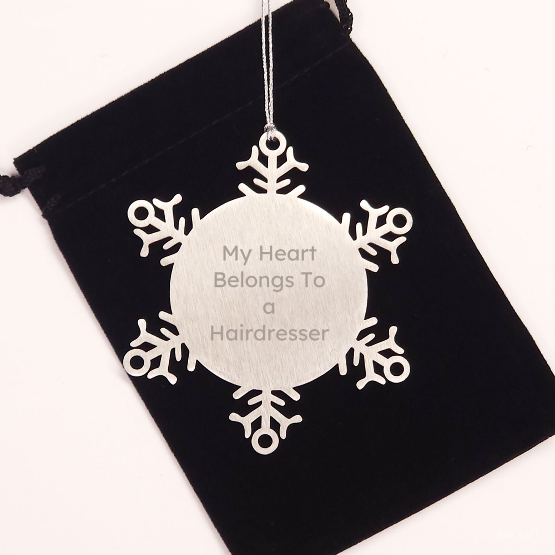 Funny Hairdresser Gifts from Friends for Hairdresser, Snowflake Ornament, 'My Heart Belongs To A Hairdresser' Quote - Image 2