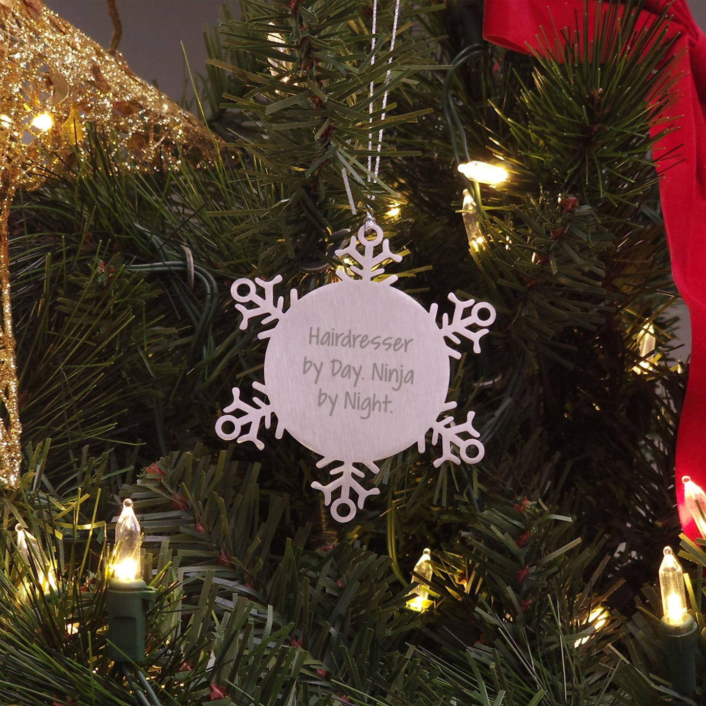 Hairdresser Gifts from Friends, Snowflake Ornament, 'Hairdresser By Day. Ninja By Night.' Funny Quote, Christmas Unique Gifts for Hairdresser - Image 3