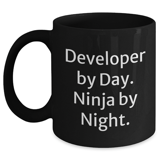Developer Gifts from Friends, Unique Black Coffee Mug for Graduation, 'Developer By Day. Ninja By Night.' Funny Quote, Microwave and Dishwasher Safe - Main
