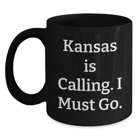 Funny Kansas Gifts for Kansas Men and Women - 'Kansas Is Calling. I Must Go.' Black Coffee Mug - Main