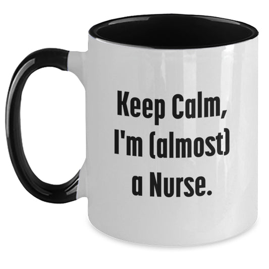 Funny Nurse Gifts from Friends, Funny Two Tone Coffee Mugs for Nurse Women, Keep Calm I'm (almost) A Nurse, Christmas Unique Gifts for Nurse - Main