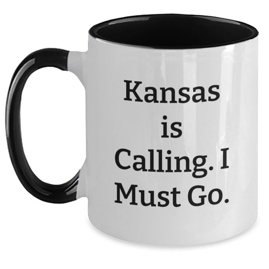 Funny Kansas Two Tone Coffee Mug Gifts from Friends and Family - Kansas Is Calling I Must Go - Unique Christmas Unique Gifts for Men Women - Main