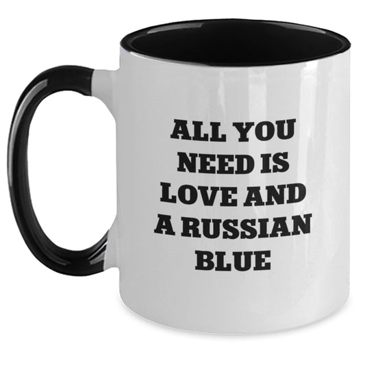 Funny Russian Blue Cat Gifts from Friends for Russian Blue Cat Lovers - All You Need Is Love And A Russian Blue Two Tone Coffee Mug, Birthday Unique Presents - Main