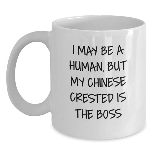 Chinese Crested Dog Lovers Birthday Funny Gifts from Friends for Men and Women - I May Be A Human, But My Chinese Crested Is The Boss White Coffee Mug - Main