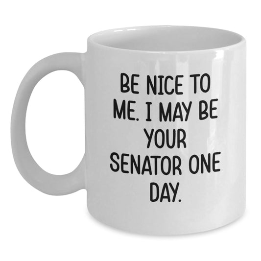 Funny Senator White Coffee Mugs, Gifts from Friends - Be Nice To Me. I May Be Your Senator One Day., For Senator, Graduation Unique Gifts, 11oz or 15oz Capacity, Ceramic, Microwave, Dishwasher Safe - Main