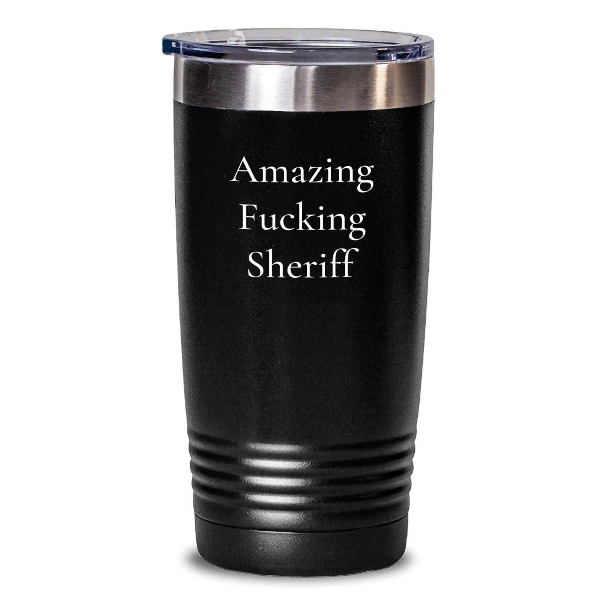 Funny Sheriff Gifts from Friends for Men - 'Amazing F--king Sheriff' Tumbler, Christmas Unique Ideas for Him, Stainless Steel Tumbler with Lid, Keeps Drinks Hot or Cold, 20oz or 30oz - Main