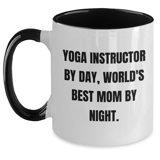 Yoga Instructor Gifts - Funny Quote Mug for Graduation, 'Yoga Instructor By Day, World's Best Mom By Night.' - Two Tone Coffee Mug - Main