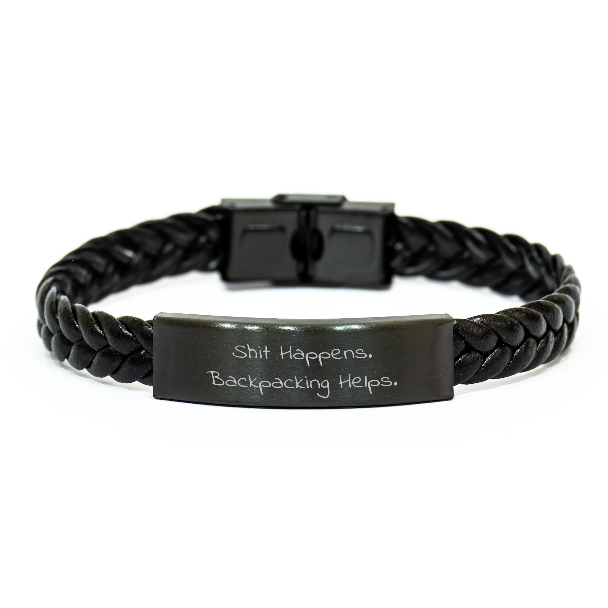 Funny Backpacking Gifts from Friends for Men, Women, or Family - Shit Happens. Backpacking Helps. Interlaced Leather Bracelet - Image 1