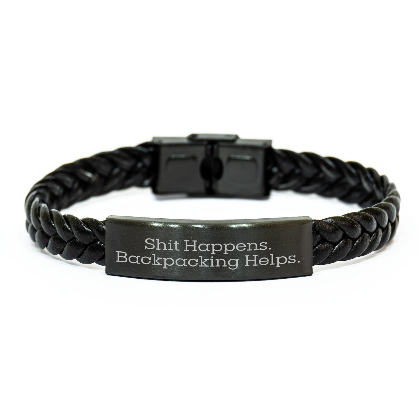 Funny Backpacking Gifts for Men from Friends on Graduation, Shit Happens. Backpacking Helps. Interlaced Leather Bracelet - Image 1