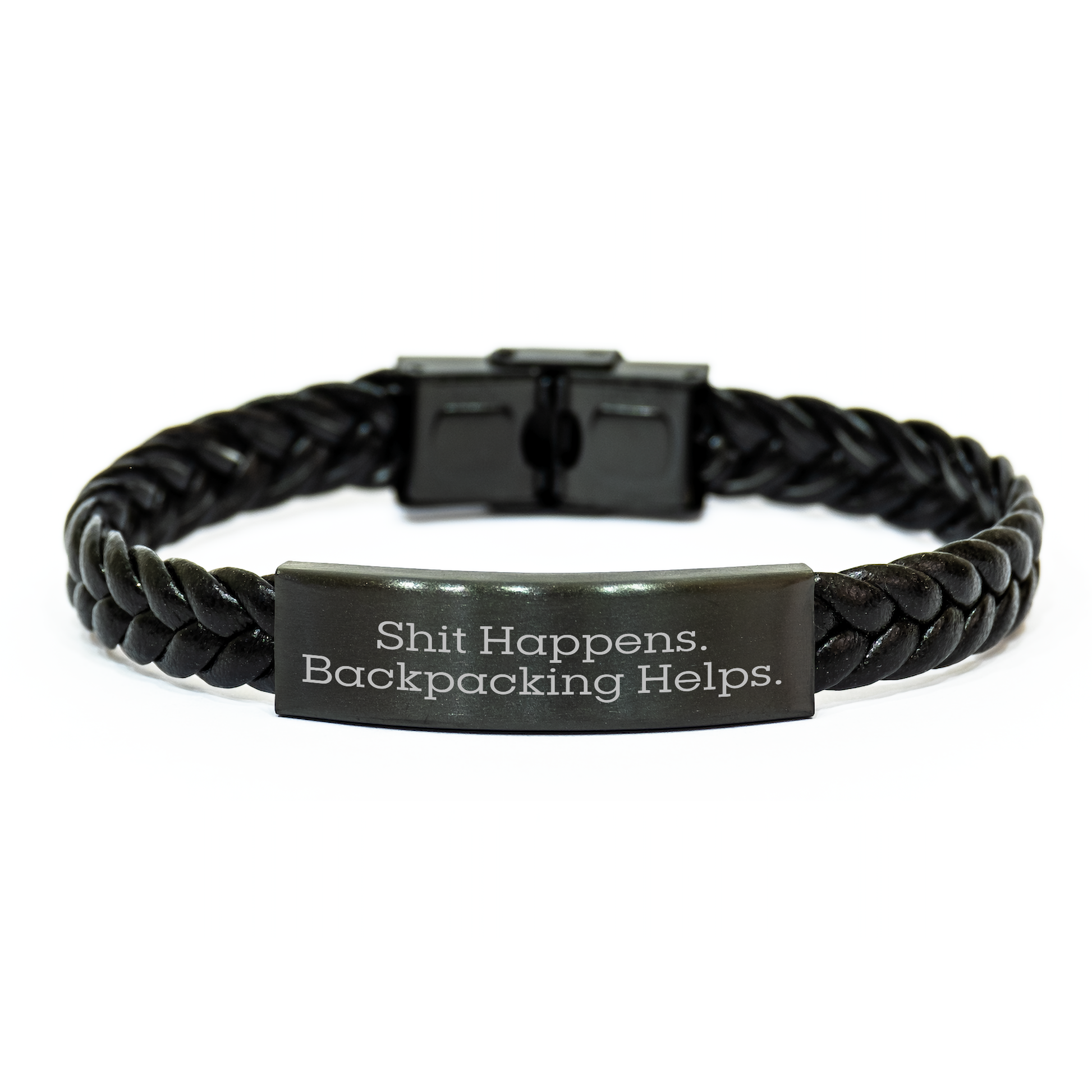 Funny Backpacking Gifts for Men from Friends on Graduation, Shit Happens. Backpacking Helps. Interlaced Leather Bracelet - Image 1