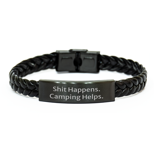 Camping Humor Gifts for Men from Friends - Interlaced Leather Bracelet, 'Shit Happens. Camping Helps.' Quote, 7.87 inches, Graduation Unique Gifts - Image 1