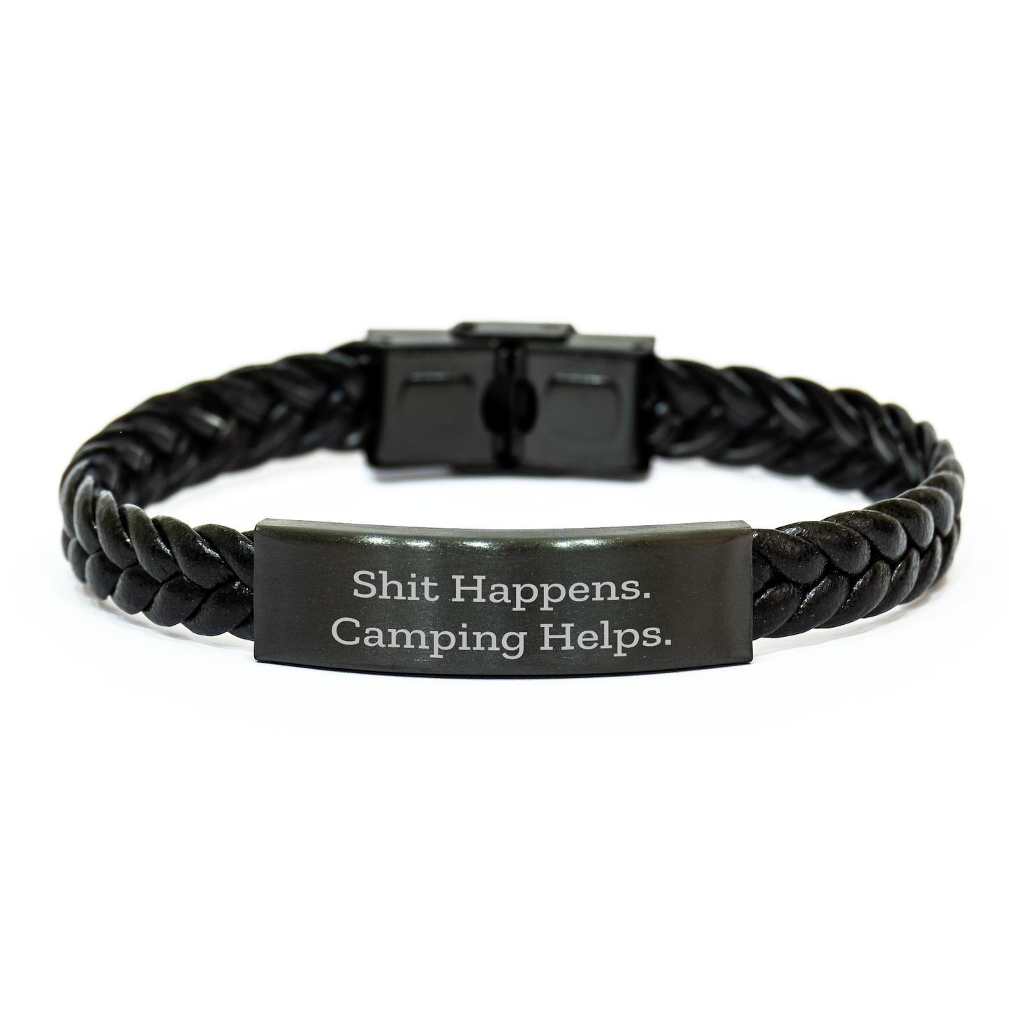 Camping Humor Interlaced Leather Bracelet Gifts for Men, Women, Friends, Coworkers, Family - 'Shit Happens. Camping Helps.' - Image 1