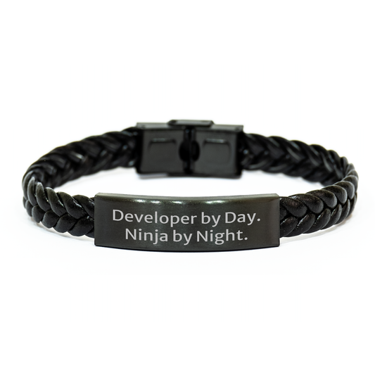 Funny Gifts from Friends for Developer By Day, Ninja By Night. Unique Interlaced Leather Bracelet for Graduation - Image 1