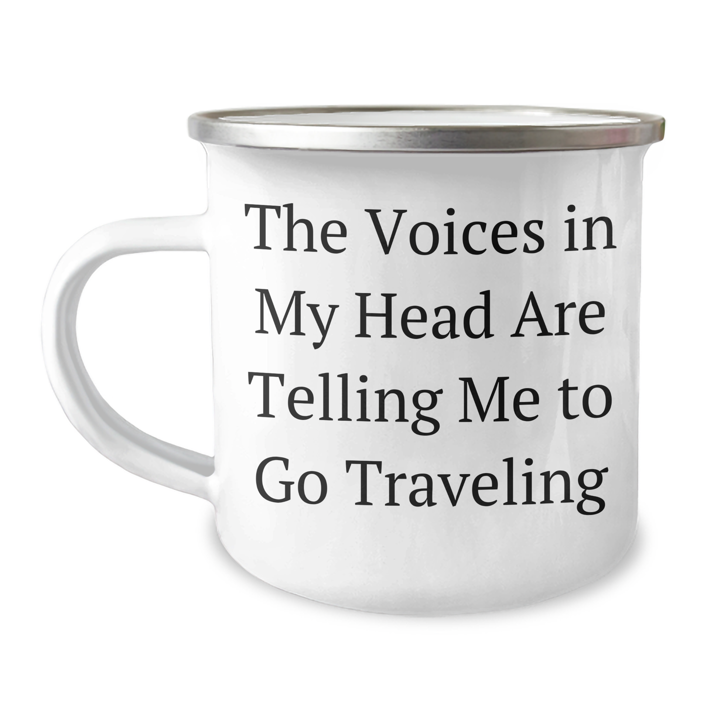 Traveling Companions Gifts from Friends for Graduation - 'The Voices In My Head Are Telling Me To Go Traveling' Funny Camping Mug - Image 1
