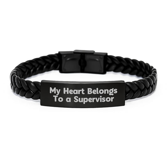 Funny Supervisor Gifts, Interlaced Leather Birthday Presents from Men to Supervisor, 'My Heart Belongs To A Supervisor' Quote, 7.87 inches Long - Image 1