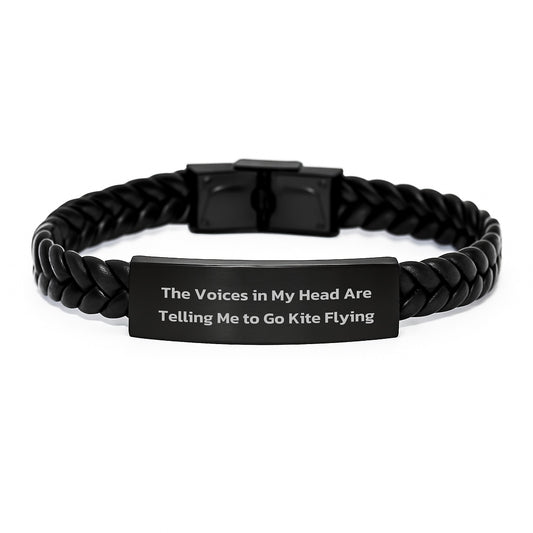 Funny Kite Flying Gifts for Men from Friends and Family - Interlaced Leather Bracelet with Quote 'The Voices In My Head Are Telling Me To Go Kite Flying' for Graduation - Image 1