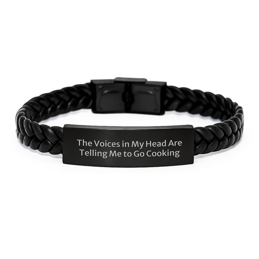 Funny Cooking Gifts - 'The Voices In My Head Are Telling Me To Go Cooking' Interlaced Leather Bracelet for Men, Women, Friends, Coworkers, Family, Birthday Unique Gifts - Image 1