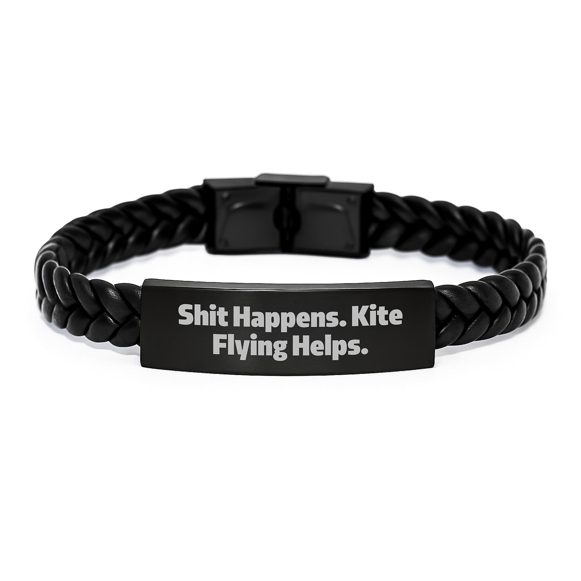 Kite Flying Gifts for Men - Interlaced Leather Bracelet with Stainless Steel and PU Leather, Funny Quote 'Shit Happens. Kite Flying Helps.' from Friends, Coworkers, Family for Graduation - Image 1