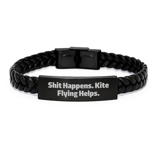 Kite Flying Gifts for Men - Interlaced Leather Bracelet with Stainless Steel and PU Leather, Funny Quote 'Shit Happens. Kite Flying Helps.' from Friends, Coworkers, Family for Graduation - Image 1