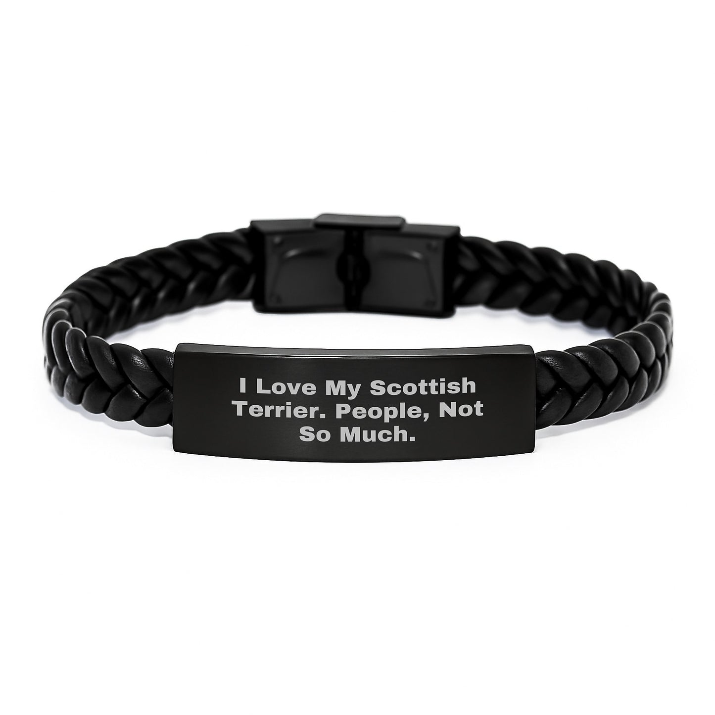 Scottish Terrier Dog Lover's Gift, 'I Love My Scottish Terrier. People, Not So Much.' Interlaced Leather Bracelet for Men, Women, Friends, Coworkers, Family - Unique Graduation Gifts - Image 1