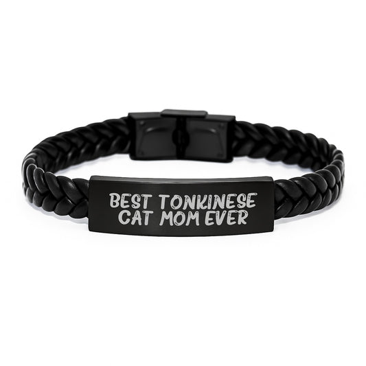 Funny Tonkinese Cat Mom Ever Interlaced Leather Birthday Unique Gift for Friends from Women, Gifts for Tonkinese Cat Lovers - Image 1