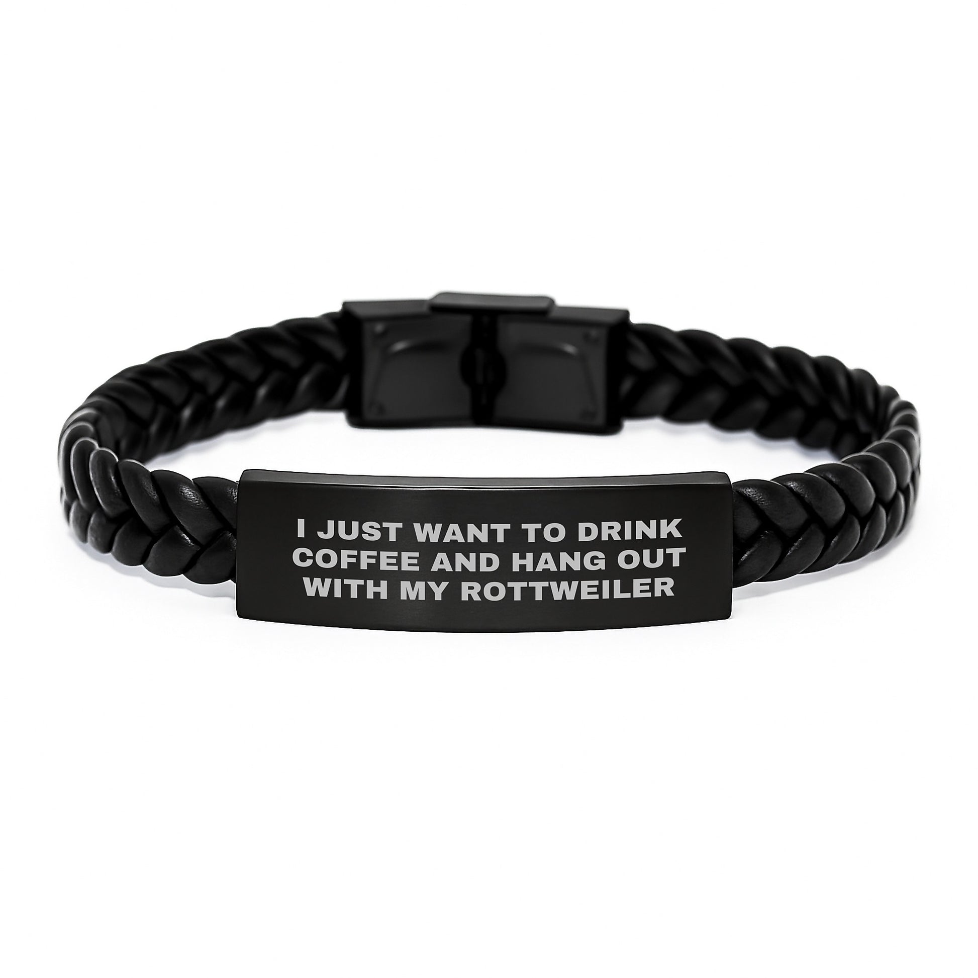 Funny Rottweiler Dog Gifts from Men - 'I Just Want To Drink Coffee And Hang Out With My Rottweiler' Interlaced Leather Bracelet for Birthday - Image 1