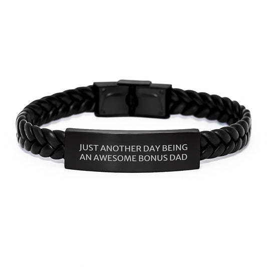 Funny Bonus Dad Gifts from Men to Bonus Dad Interlaced Leather Bracelet for Birthday 'Just Another Day Being An Awesome Bonus Dad' - Image 1