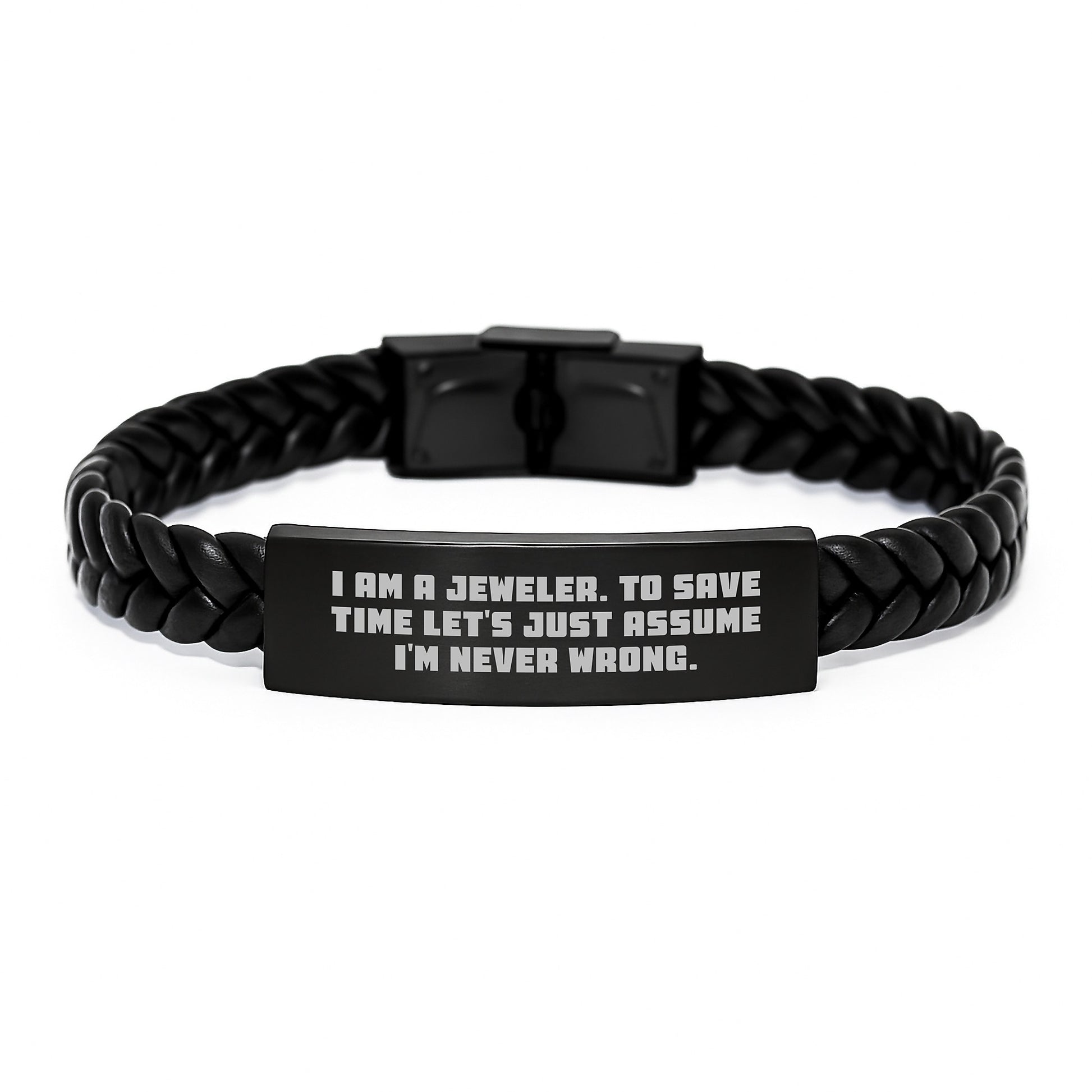 Jeweler's Gift Idea, Funny Quote Interlaced Leather Bracelet, Gifts from Men to Coworkers for Christmas, Engraved Stainless Steel and PU Leather - Image 1
